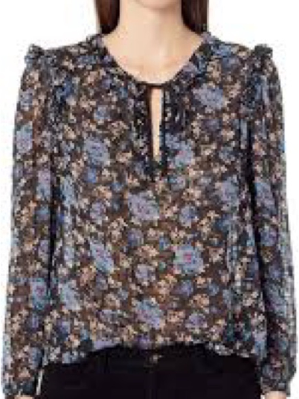 Rebecca Taylor Floral Tie-Neck Long-Sleeve Blouse in Blue